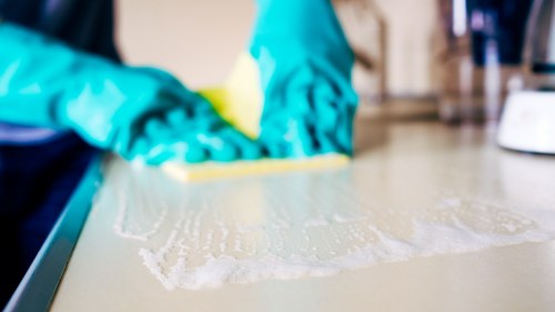 Cleaner assessing risks before carpet cleaning work